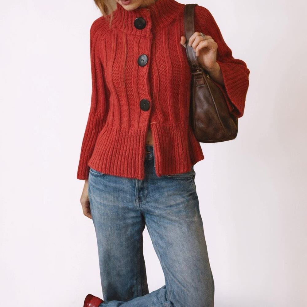 Go Fish Clothing Red Chunky Knit Cardigan Sweater Mock Neck Button Front Small